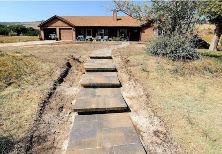 A paved stone walkway with wide rectangular steps leads up to a single-story house with a porch in a dry, grassy yard.